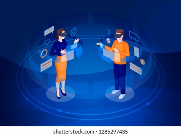 Virtual reality players isometric vector illustration. VR UI and navigation. Futuristic digital technology. Virtual screen. 