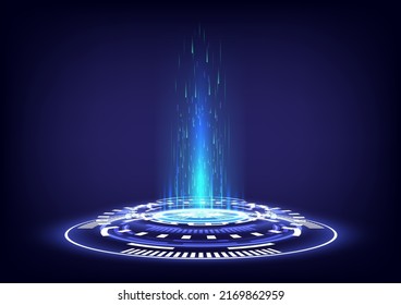 virtual reality. Portal and hologram science futuristic. Sci-fi digital hi-tech in glowing HUD projector. Neon luminous cosmic. Universe Magic gate in game fantasy. Teleportation of circle podium