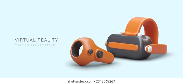 Virtual reality. Poster with 3D glasses, controllers. Modern gaming technologies. Gadgets for entertainment. Color concept for sale, rental of equipment