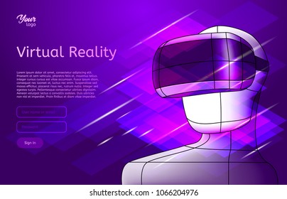 Virtual reality poster. Man in vr headset. Vector illustration. Virtual world and simulation in ultraviolet colors.