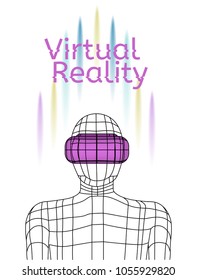 Virtual reality poster. Man wearing vr headset, Linear objects and elements. Vector illustration. Virtual reality world and simulation.