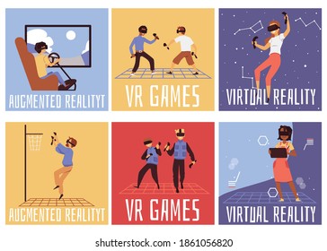 Virtual reality poster set - VR and augmented reality game players wearing glasses and holding playing equipment in 3D space, vector illustration of people gaming.