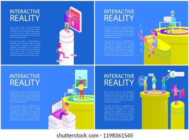 Virtual reality posters set with text vector. Man and woman screens and displays, touching it and interacting with cyberspace. Table tennis game play