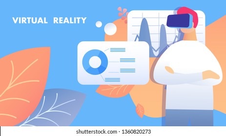 Virtual Reality Presentation Report Illustration. Businessman Wearing VR Glasses Cartoon Character. Analyst Working with Company Statistics. High tech Business Innovation Flat Banner with Typography