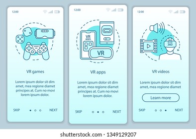 Virtual reality programs onboarding mobile app page screen with linear concepts. VR entertainment. VR games, apps, videos walkthrough steps graphic instructions. UX, UI, GUI vector template with icons