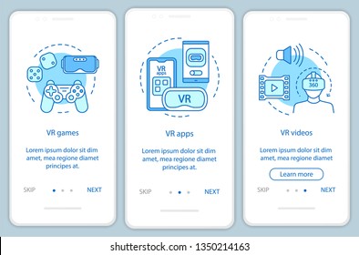 Virtual reality programs onboarding mobile app page screen with linear concepts. VR entertainment. VR games, apps, videos walkthrough steps graphic instructions. UX, UI, GUI vector template with icons