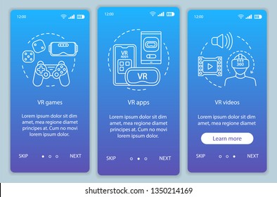 Virtual reality programs onboarding mobile app page screen with linear concepts. VR entertainment. VR games, apps, videos walkthrough steps graphic instructions. UX, UI, GUI vector template with icons