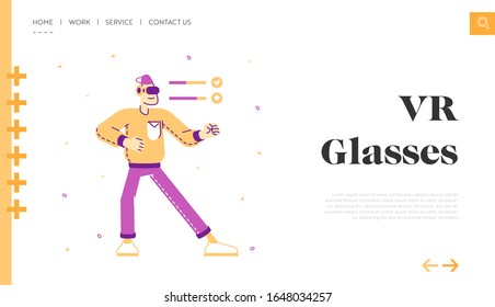 Virtual Reality Recreation Battle Game Website Landing Page. Man in Vr Goggles Fighting. Teenager Futuristic Technology Interactive Combat Web Page Banner. Cartoon Flat Vector Illustration, Line Art