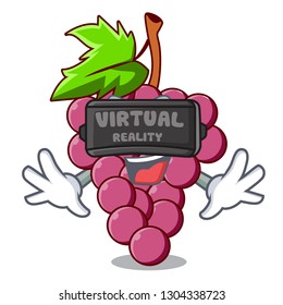 Virtual reality red grapes fruit above mascot table
