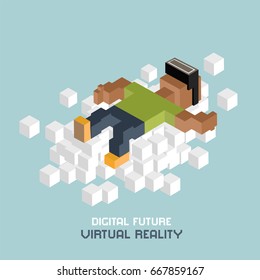 Virtual reality relaxation on cloud, black man in VR glasses, advertising concept. Cubes composition isometric vector illustration