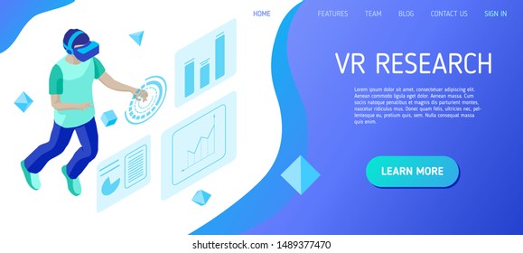Virtual reality research. Young man interacts with virtual interface. Design concept of landing page header for website. Isometric vector illustration.