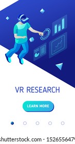 Virtual reality research. Young man interacts with virtual interface. Design concept of landing page header for website or mobile application. Isometric vector illustration