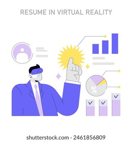 Virtual Reality Resume concept. A figure engages with interactive CV graphics in a digital space, suggesting innovative job application methods. Vector illustration.