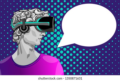 Virtual reality, retro man wearing virtual reality headset. Abstract pop art style, place for message, wallpaper background. Vector illustration.