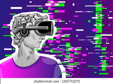 Virtual reality, retro man wearing virtual reality headset. Abstract glitch texture style, wallpaper background. Vector illustration.