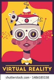 Virtual reality retro style poster template. Man wearing VR headset cartoon illustration. Stylized vintage gaming glasses with digital camera, antenna. Hi-tech gamers accessory banner design layout