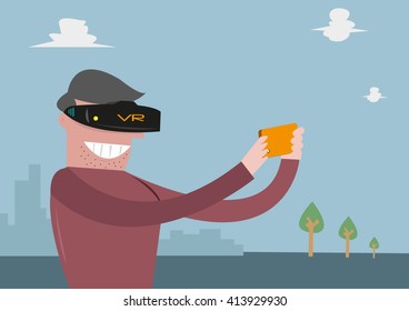 Virtual Reality Revolution concept. Man wears VR for mobile phones. Editable Clip Art.