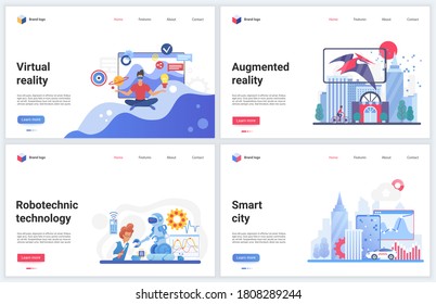 Virtual reality robotic technology vector illustrations. Creative modern concept banner set, website design with cartoon flat augmented future robot reality of smart city, artificial intelligence