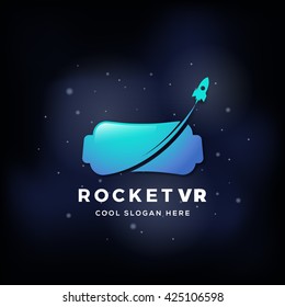 Virtual Reality Rocket Abstract Vector Icon, Sign, or Logo Template. Electronic Glasses Headset Silhouette on Realistic Space Background.