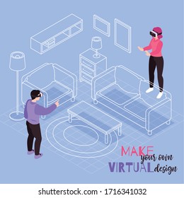 Virtual reality room furnish design isometric composition with visual 3d ar furniture configuration blue background vector illustration 