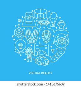 Virtual reality round concept banner in linear style. Modern computer technology symbols. Vector illustration with editable stroke.