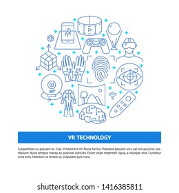 Virtual reality round concept banner in line style with place for text. Modern computer technology symbols. Vector illustration with editable stroke.