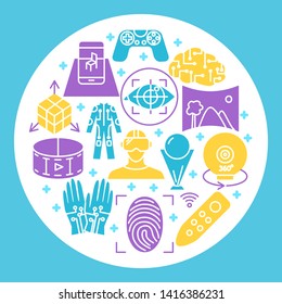 Virtual reality round concept banner in flat style. Modern computer technology symbols. Gaming equipment. Vector illustration.