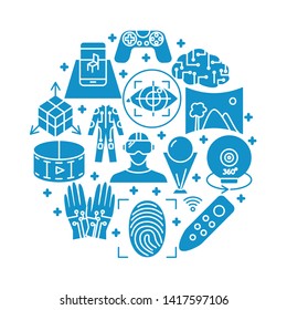 Virtual reality round concept banner in flat style. Modern computer technology symbols. Vector illustration on white background.