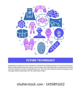 Virtual reality round concept banner in flat style. Modern computer technology silhouette symbols. Gaming equipment. Vector illustration with place for text.