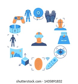 Virtual reality round concept banner in flat style. Modern computer technology symbols. Vector illustration.