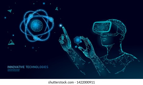 Virtual reality science research concept. Engineer work on project augmented reality. 3D glasses headset vr data analysis digital device. Online medicine technology vector illustration