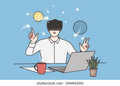 Virtual reality, science and technology concept. Young man wearing virtual reality headset sitting and working on project in computer class vector illustration 