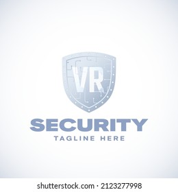 Virtual Reality Security Abstract Vector Sign, Symbol, Logo Template. Digital Space Safety Circuit Shield Guard. VR Cyberspace Protective Technology Emblem. Isolated