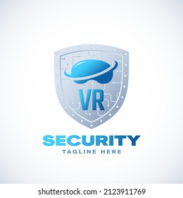 Virtual Reality Security Abstract Vector Sign, Symbol, Logo Template. Digital Space Safety Circuit Shield Guard. VR Goggles Cyberspace Protective Technology Emblem. Isolated