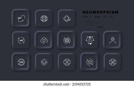 Virtual reality set icon. 360 degrees, viewing angle, 3d, three dimensional cube, vr glasses, gamer, circular arrows, panorama, helmet. Metaverse concept. Neomorphism. Vector line icon for Business.