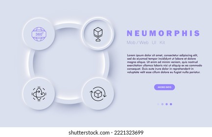 Symbol für virtuelle Realität 360 Grad, vr, Helm, Blickwinkel, dreidimensionaler Würfel, Rundpfeil, holografische Projektion, ar, vergrößert. Metaverse-Konzept. Neomorphismus-Stil
