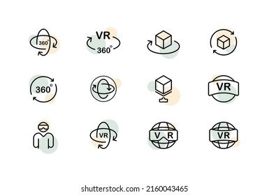 Virtual reality set icon. Augmented reality, box, 360 degree view, 3d glasses, helmet, vr text. VR head-mounted concept. Glassmorphism style. Vector line icon for Business and Advertising