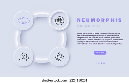 Virtual reality set icon. Circular arrows, 360 degrees, cube, three dimensional, vr, cyberspace, planet, augmented, ai, ar, futuristic vision. Metaverse concept. Neomorphism style