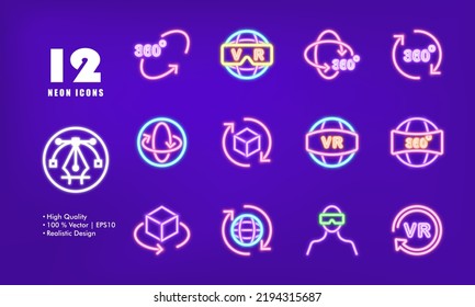 Virtual Reality Set Icon. Helmet, Vr Glasses, 360 Degrees, Viewing Angle, Circular Arrow, Panorama, 3d, Three Dimensional Cube, Gamer. Metaverse Concept. Neon Glow Style. Vector Line Icon For Business