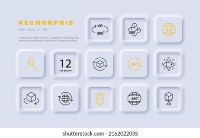 Virtual reality set icon. Man in 3d glasses and virtual reality helmet. Planet with vr text. Arrows 360 degree viewing angle. Metaverse concept. Neomorphism style. Vector line icon for Business