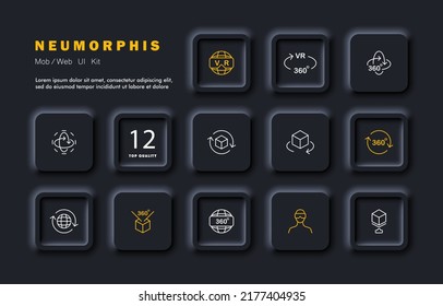 Virtual reality set icon. VR glasses, 360 degrees, viewing angle, view, arrows, zoom in and out. Metaverse concept. Neomorphism style. Vector line icon for Business and Advertising.