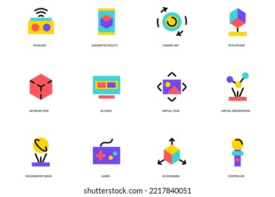 Virtual Reality set of icons concept in the flat cartoon design. Gadgets and innovations that help people to get into virtual space. Vector illustration.