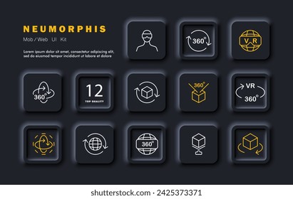 Virtual reality set line icon. 360 degrees, augmented reality helmet, planet. Neomorphism style. Vector line icon for business and advertising