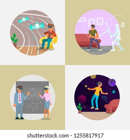 Virtual reality set vector flat illustration. People in VR headsets interacting with graphs, playing vr games driving race car, fighting with knight, flying in outer space. Virtual reality metaverse.