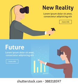 virtual reality set. VR cartoon style illustration. Woman wearing  headset vector