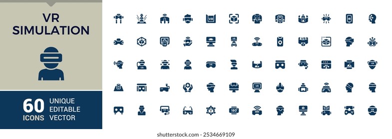 Virtual Reality set of web icons in solid style. Includes filled 3d simulation, immersive simulation, vr experience, augmented simulation and more. Editable glyph icon and illustration.