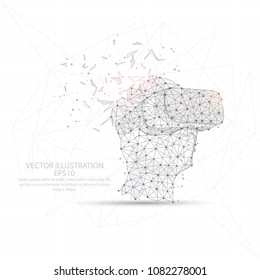 Virtual reality shape point, line and composition digitally drawn in the form of broken a part triangle shape and scattered dots low poly wire frame on white background.