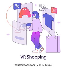 Virtual Reality shopping concept. Customer engaging in online shopping using VR technology. Interactive e-commerce experience. Vector illustration.