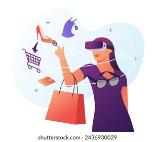 Virtual reality shopping concept. Shopping in Metaverse. Woman in VR Goggles buying stuff. Vector illustration 