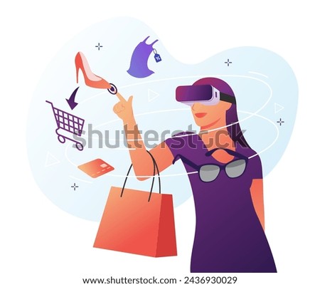Virtual reality shopping concept. Shopping in Metaverse. Woman in VR Goggles buying stuff. Vector illustration 